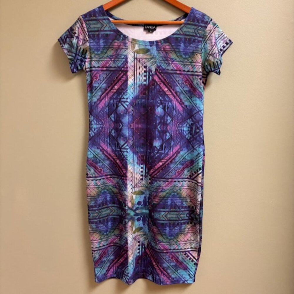 Tanoa Womens Dress Size Medium Blue Abstract Hawaiian Tapa Aloha Art‎ to Wear